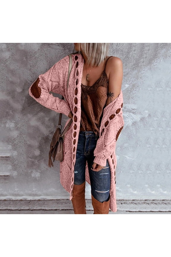 Cable Knit Hooded Cardigan Sweater for Women Open Front Long Cardigans Oversized Long Sleeve Fall Sweaters Fashion Color Block Coat Outwear PinkXL
