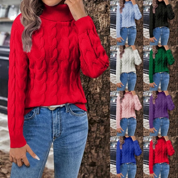 CFLVAEK Cable Knit Sweater Womens Fall Casual Turtleneck Sweaters Pullover Tops Loose Fit Long Sleeve Jumper Top Solid Color Soft Sweaters Green L