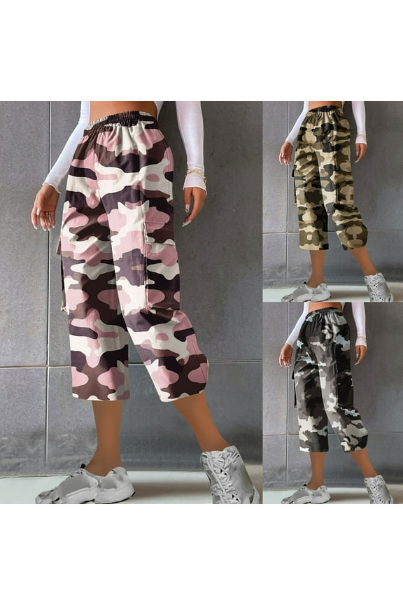 Camo Capris for Women Plus Size Cargo Pants with Pockets Loose Fit Wide Leg Hiking Outdoor Cropped Pants Casual Elastic High Waisted Workout Pant Khaki XXXL
