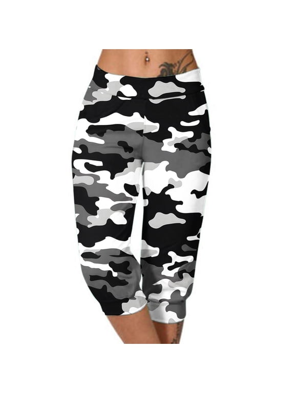 Camo Capris for Women Plus Size High Waisted Workout Capri Pants with Pockets Casual Summer Cinch Bottom Vacation Beach Cropped Pants Multicolor M