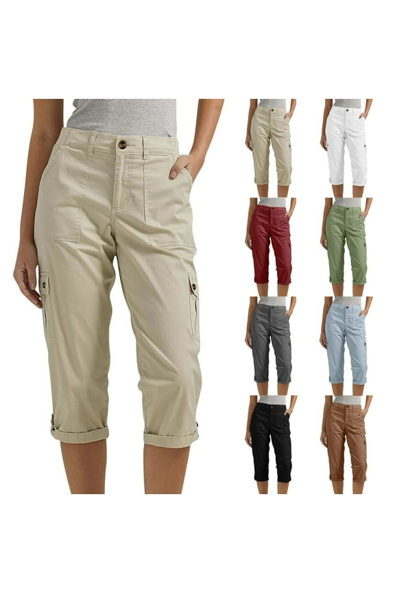 Capri Cargo Pants for Women with Pockets Loose Fit High Waisted Twill Capris Comfy Wide Leg Hiking Cropped Pants Casual Summer Beach Vacation Capris Army Green XL