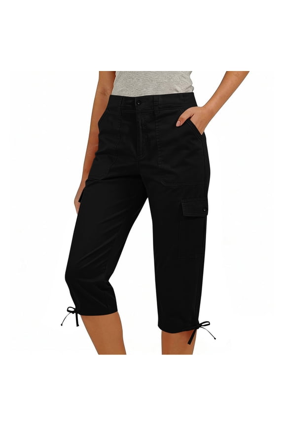 Capri Cargo Pants for Women with Pockets Elastic Waisted Chino Capris Solid Color Hiking Cropped Pant Black L