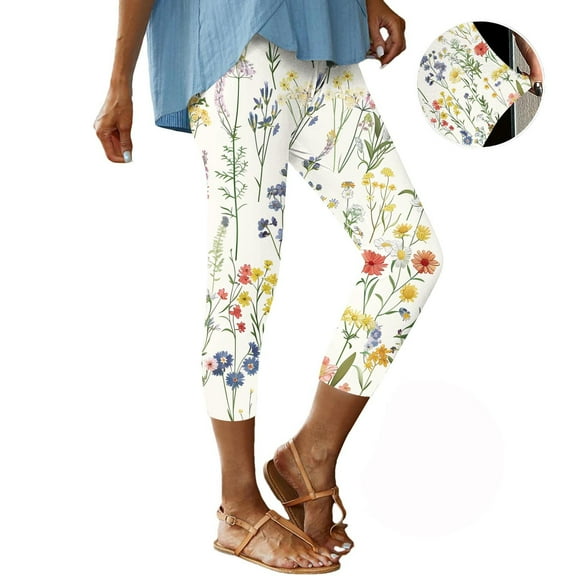 CFLVAEK Capri Leggings for Women Floral Print High Waist Capris Tummy Control Knee Length Slim Fit Yoga Cropped Trousers Yellow L