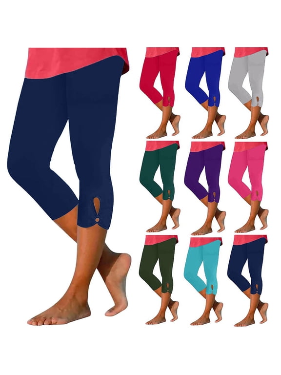 Capri Leggings for Women Plus Size High Waisted Cutout Yoga Capris Cozy Tummy Control Cropped Pants Solid Soft Lounge Capri Pants Navy XXL