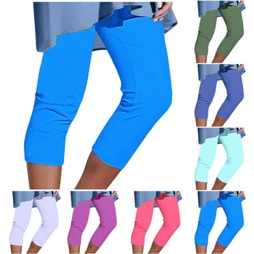 CFLVAEK Capri Leggings for Women Plus Size High Waisted Yoga Pants Casual Soft Cropped Leggings Solid Color Beach Pants 2025 Blue L