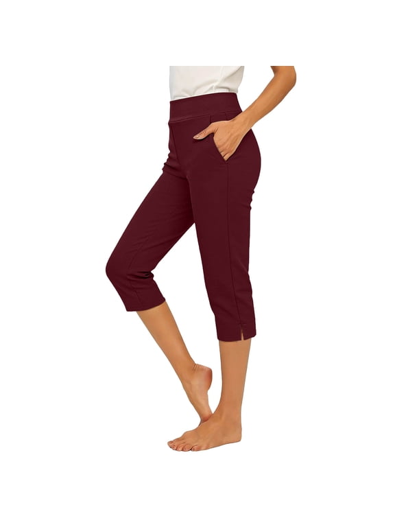 Capri Leggings for Women with Pockets Tummy Control High Waisted Yoga Pants Solid Color Workout Cropped Capris Wine XXL