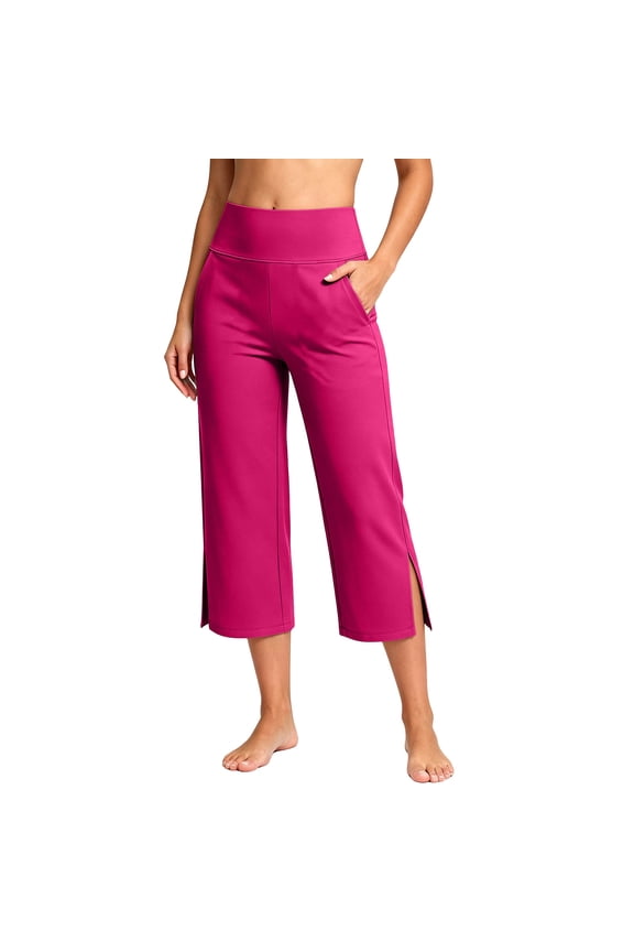 Capri Leggings with Pockets for Women Plus Size High Waisted Yoga Pants Casual Side Split Summer Workout Legging Pant Hot Pink L