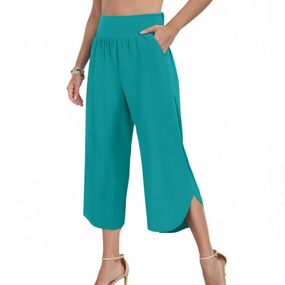 CFLVAEK Capri Pants for Women Dressy Casual Split Hem Capri Pant Elegant High Waist Capris with Pockets Solid Color Wide Leg Office Business Capris 2025 Green XL