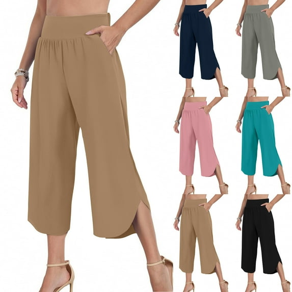 CFLVAEK Capri Pants for Women Dressy Casual Split Hem Capri Pant Elegant High Waist Capris with Pockets Solid Color Wide Leg Office Business Capris Khaki XL