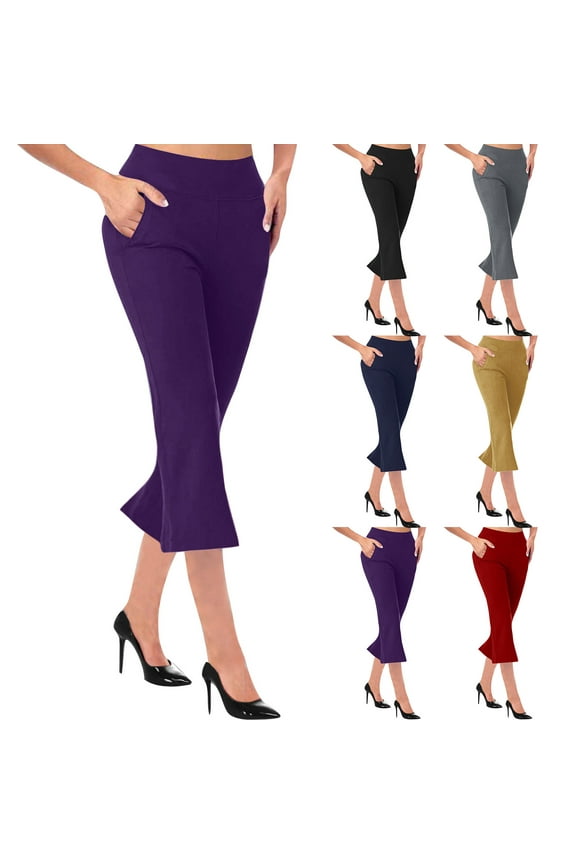 Capri Pants for Women Dressy Casual Flare Leg Capris Slim Fitted High Waisted Slacks Solid Color Summer Office Business Capris Purple XL