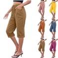 thumbnail image 1 of CFLVAEK Capri Pants for Women Summer Casual Elastic Waisted Linen Pant Solid Color Wide Leg Beach Vacation Capris with Pockets Blue S, 1 of 9