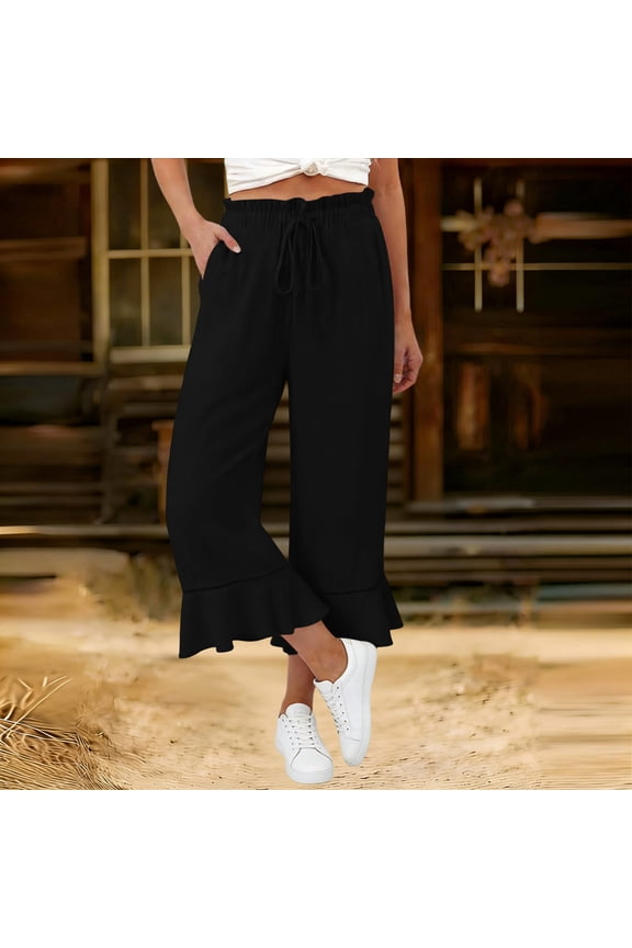 Capri Pants for Women Summer Casual Ruffle Hem Wide Leg Capris Drawstring Elastic Waisted Cropped Pant with Pockets Black XL