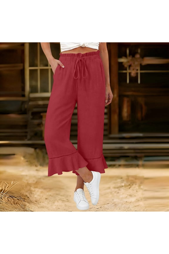 Capri Pants for Women Summer Casual Ruffle Hem Wide Leg Capris Drawstring Elastic Waisted Cropped Pant with Pockets Red XL