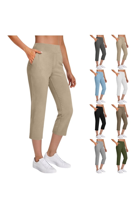 Capri Pants for Women with Pockets Stretch High Waisted Capris Solid Color Wide Leg Cropped Pant for Casual Workout Beige XL