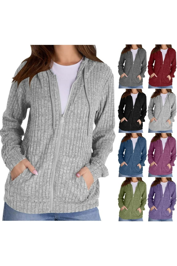 Cardigan Sweaters for Women with Hood Ribbed Knit Zip Up Coat Casual Long Sleeve Pullover Tops with Pockets Black L