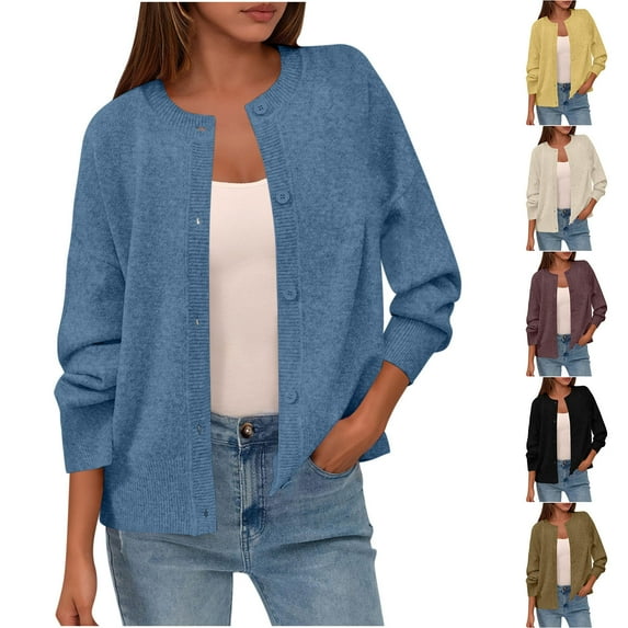 CFLVAEK Cardigans for Women Trendy Fall Button Down Knit Sweater Cardigan Casual Long Sleeve Crewneck Coat White Free Size