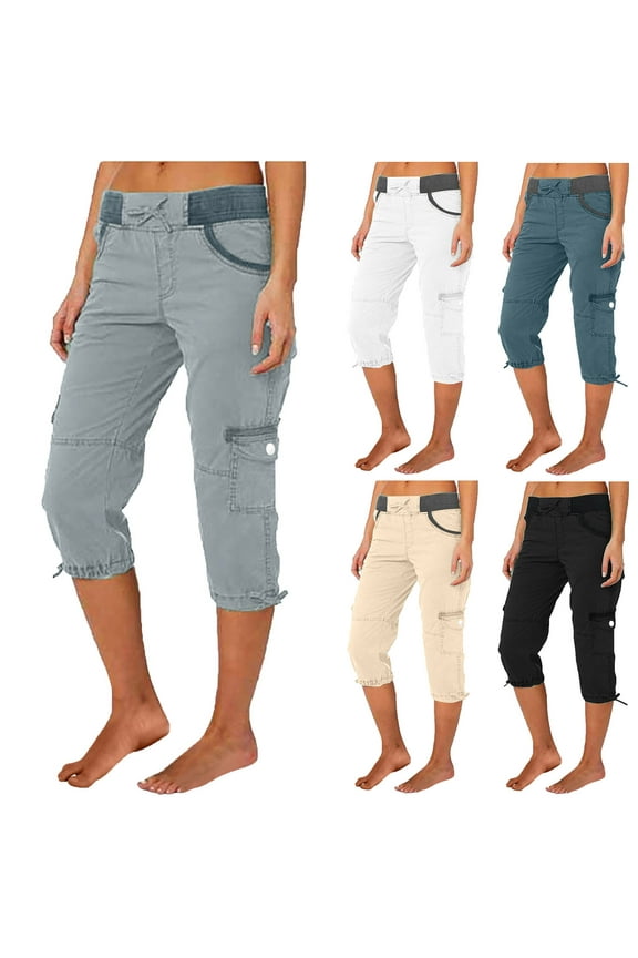 Cargo Capris for Women Plus Size Drawstring High Waist Capri Pants with Pockets Cinch Bottom Hiking Workout Capris Pants Solid Color Summer Beach Pants Blue M