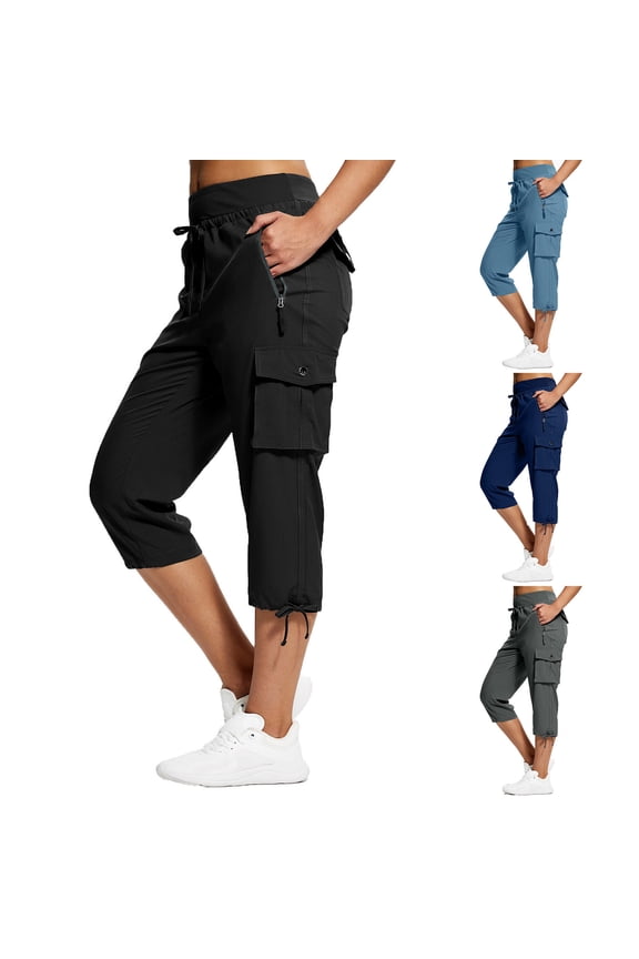 Cargo Capris for Women with Zipper Pockets Elastic High Waisted Hiking Capri Pants Solid Color Chino Pant Black L
