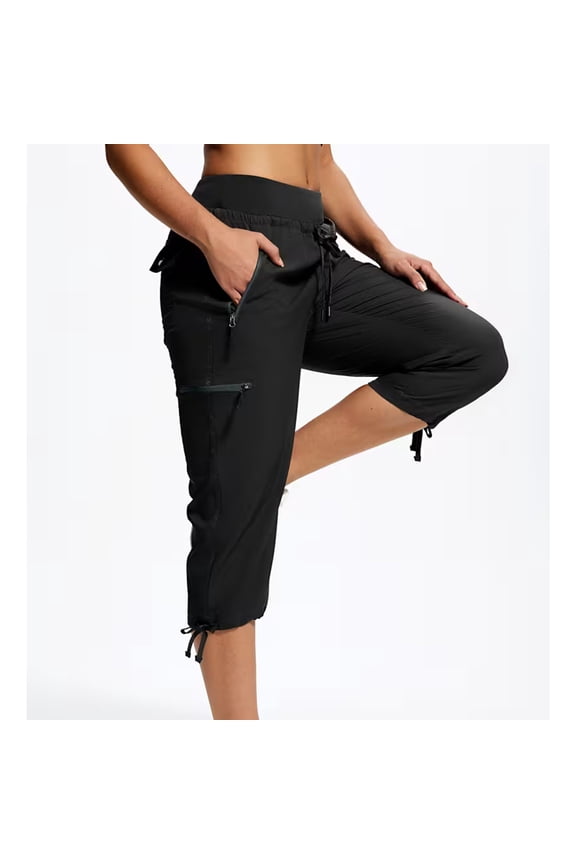 Cargo Capris for Women with Zipper Pockets Elastic High Waisted Hiking Capri Pants Solid Color Chino Pant Black S