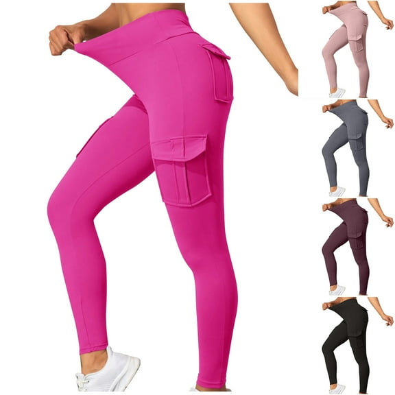 CFLVAEK Cargo Leggings with Pockets for Women Casual High Waisted Stretch Yoga Pants Solid Color Running Hiking Leggings Pants Black L