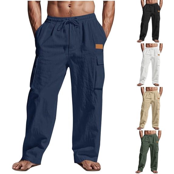 CFLVAEK Cargo Pants Mens Cotton Linen Drawstring Elastic Waist Wide Leg Pant Casual Drawstring Elastic Waist Cargo Hiking Pants with Multi Pockets Navy XXXL
