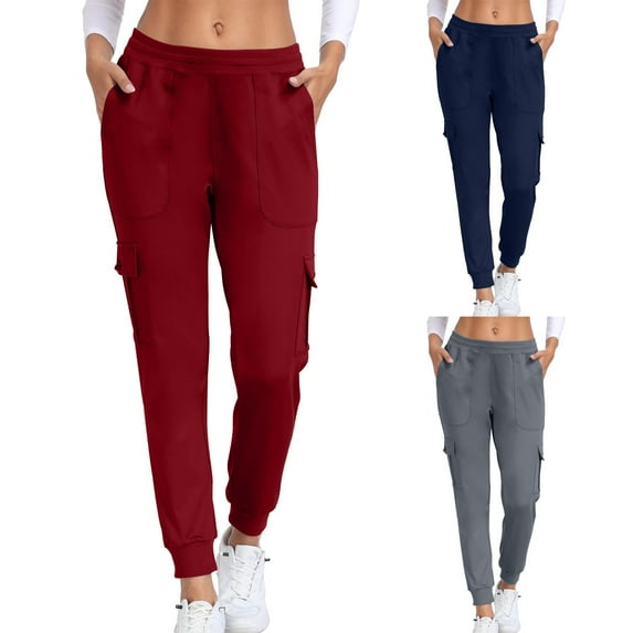 CFLVAEK Cargo Pants Women High Waist Casual Running Pant Comfy Cinch Bottom Jogger Pants with Pockets Solid Color Hiking Workout Trousers Navy M