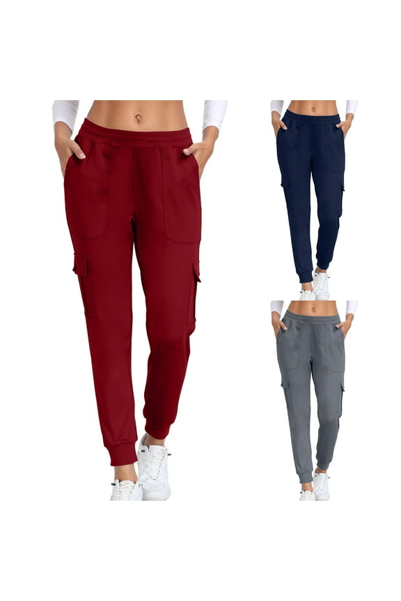 Cargo Pants Women High Waist Casual Running Pant Comfy Cinch Bottom Jogger Pants with Pockets Solid Color Hiking Workout Trousers Red L