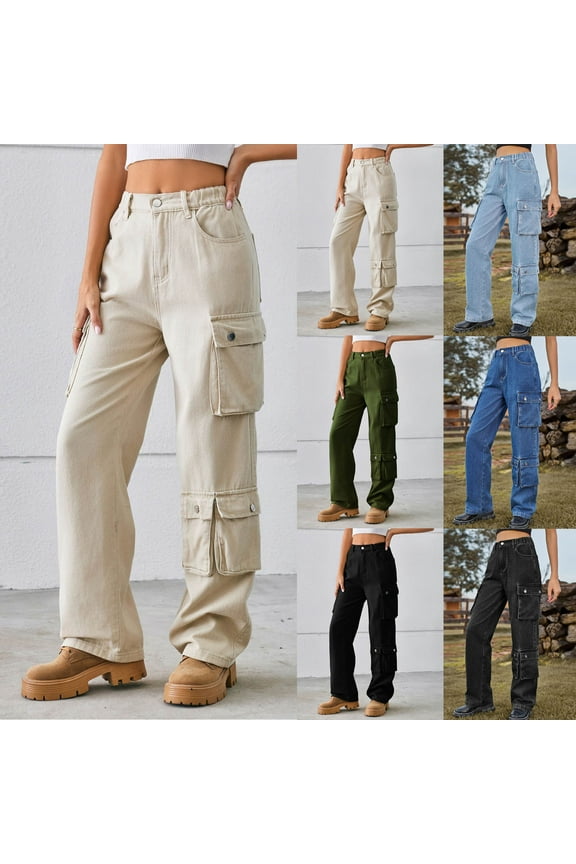 Cargo Pants for Women Casual Elastic High Waist Denim Pants Loose Fit Wide Leg Work Pant with Pockets Army Green M