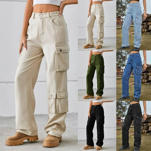 CFLVAEK Cargo Pants for Women Casual Elastic High Waist Denim Pants Loose Fit Wide Leg Work Pant with Pockets Black S