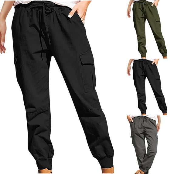 CFLVAEK Cargo Pants for Women with Pockets Casual Cinch Bottom Hiking Pant Comfy Drawstring High Waisted Cargo Pant for Travel Outdoor Army Green S