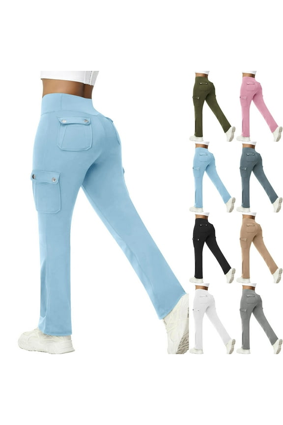 Cargo Yoga Pants for Women with Pockets Casual High Waisted Running Hiking Leggings Tummy Control Straight Leg Legging Solid Color Workout Pant Khaki XXL