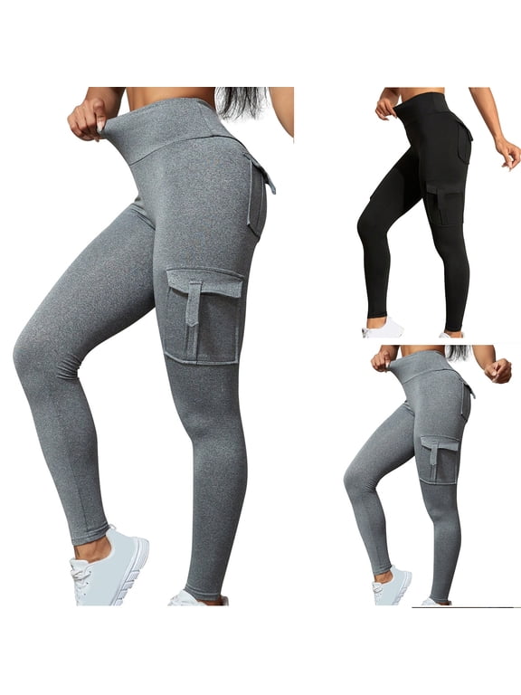 Cargo Yoga Pants for Women with Pockets Casual High Waisted Running Hiking Leggings Tummy Control Stretch Legging Solid Color Workout Pant Black XS