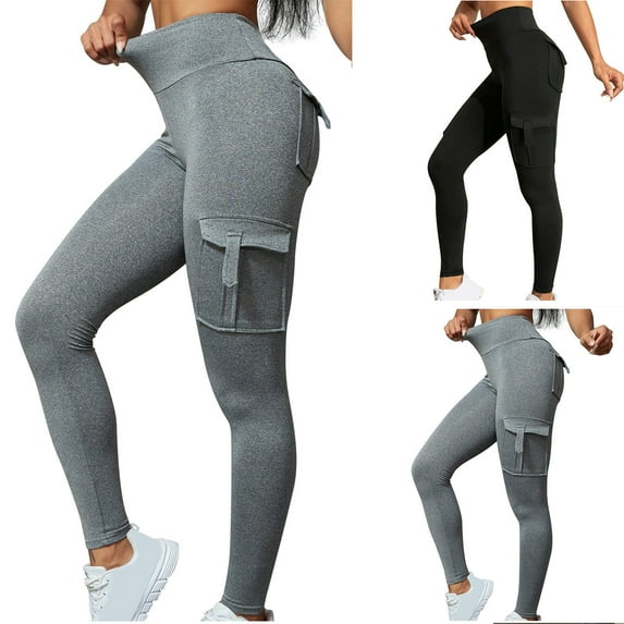 CFLVAEK Cargo Yoga Pants for Women with Pockets Casual High Waisted Running Hiking Leggings Tummy Control Stretch Legging Solid Color Workout Pant Gray S