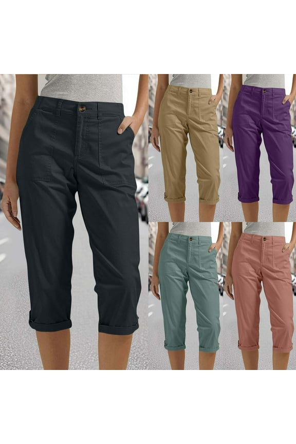 Casual Capris for Women Plus Size Roll Up Cargo Pants with Pockets Comfy High Waisted Street Hiking Cropped Pants Khaki M
