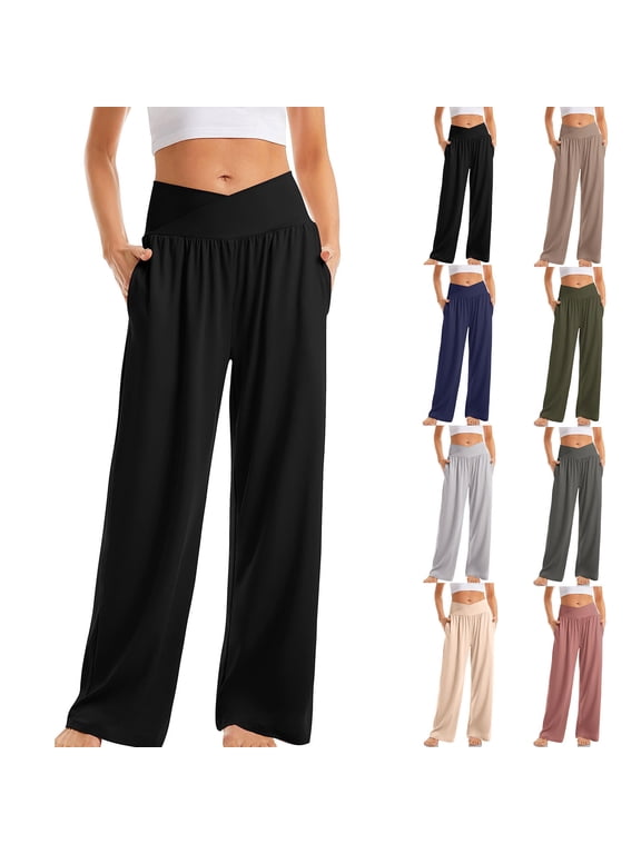Casual Crossover Elastic Waist Pants for Women Plus Size Wide Leg Gym Yoga Pant Solid Color Wide Leg Trousers wit Pockets Black XXXL
