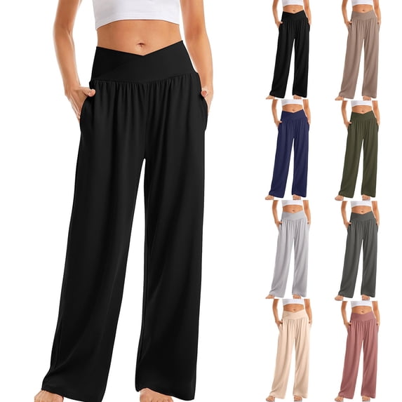 CFLVAEK Casual Crossover Elastic Waist Pants for Women Plus Size Wide Leg Gym Yoga Pant Solid Color Wide Leg Trousers wit Pockets Dark Gray L
