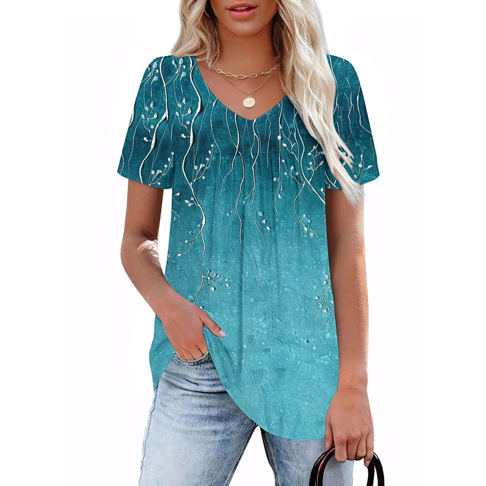 CFLVAEK Casual Shirts for Women V Neck Pleated Tunic Tops Short Sleeve ...