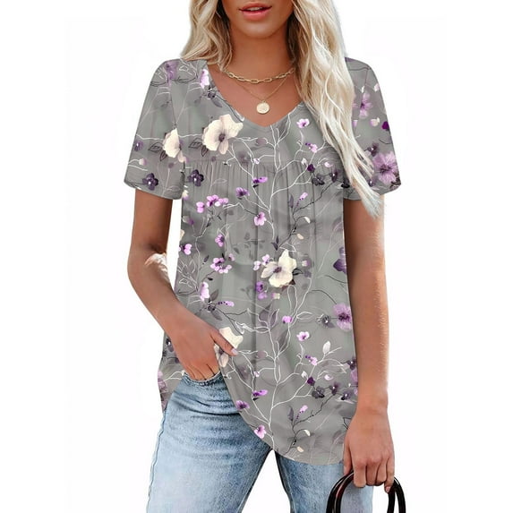 CFLVAEK Casual Shirts for Women V Neck Pleated Tunic Tops Short Sleeve Fashion Floral Print T Shirts Lightweight Summer Tees Blouses White M