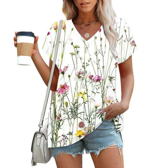 CFLVAEK Casual Short Sleeve Tshirts Loose Fit V Neck Summer Tshirt Vintage Flower Graphic Tees Going Out Tunic Tops Multicolor XL