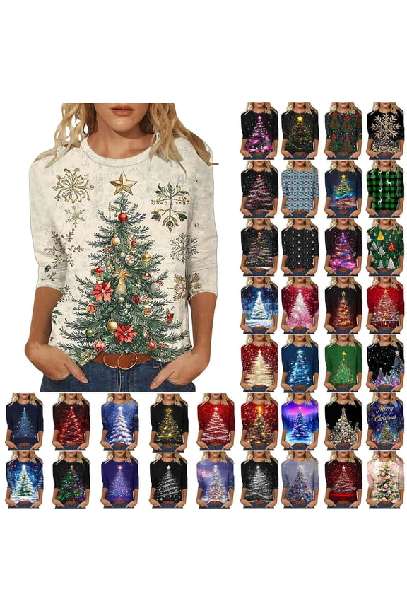 Christmas Shirts for Women 2025 Plus Size Green Plaid Graphic Tee Tops Dressy Casual Three Quarter Length Sleeve Crewneck Xmas T Shirts Green XL
