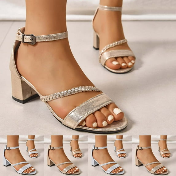 CFLVAEK Chunky Heel Sandals for Women 2025 Dressy Adjustable Ankle Strap Sandals Summer Wedding Party Sandals Shoes Size 5.5
