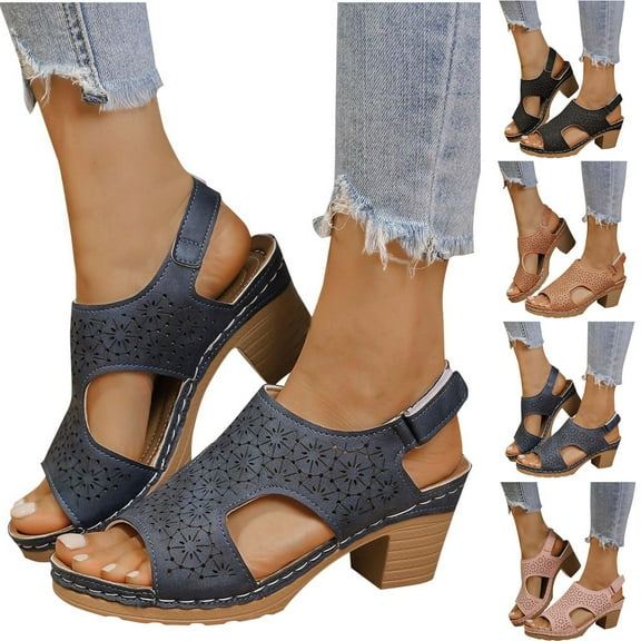 CFLVAEK Chunky Low Heeled Sandals for Women Lightweight Adjustable Strap Heeled Sandal Casual Summer Open Toe Sandals for Party Size 7