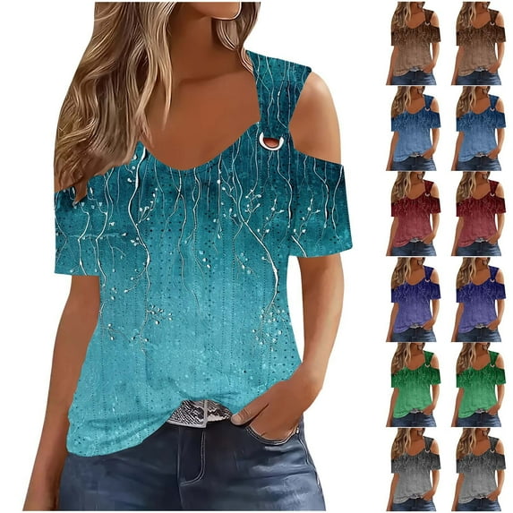 CFLVAEK Clod Shoulder Tops for Women Plus Size Short Sleeve Crewneck Summer Tshirts Loose Fit Eyelet Embroidered Tunic Top Fashion Floral Graphic Tees Green XXXL