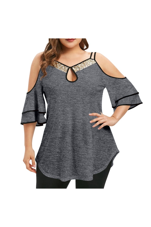Cold Shoulder Blouse Tops for Women Fashion Patchable Sequin Keyhole Neck Spaghetti Strap Shirts Loose Fitted Ruffled Sleeve Tunic Blouses XL