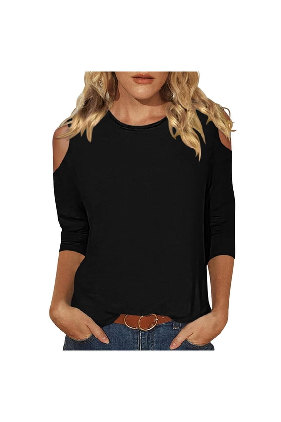 Cold Shoulder Tops for Women Loose Fitted 3/4 Sleeve Shirts Basic Solid Color Crewneck Vacation Blouses