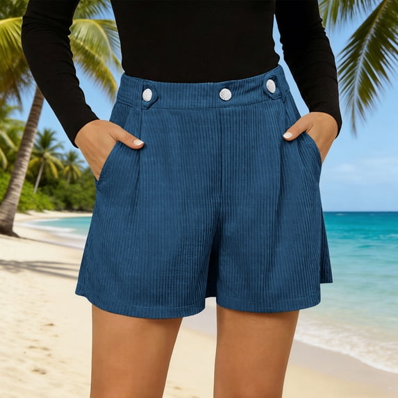 CFLVAEK Corduroy Shorts for Women Summer Casual Wide Leg Beach Vacation Shorts Comfy High Waisted Button Shorts with Pockets Navy XXL