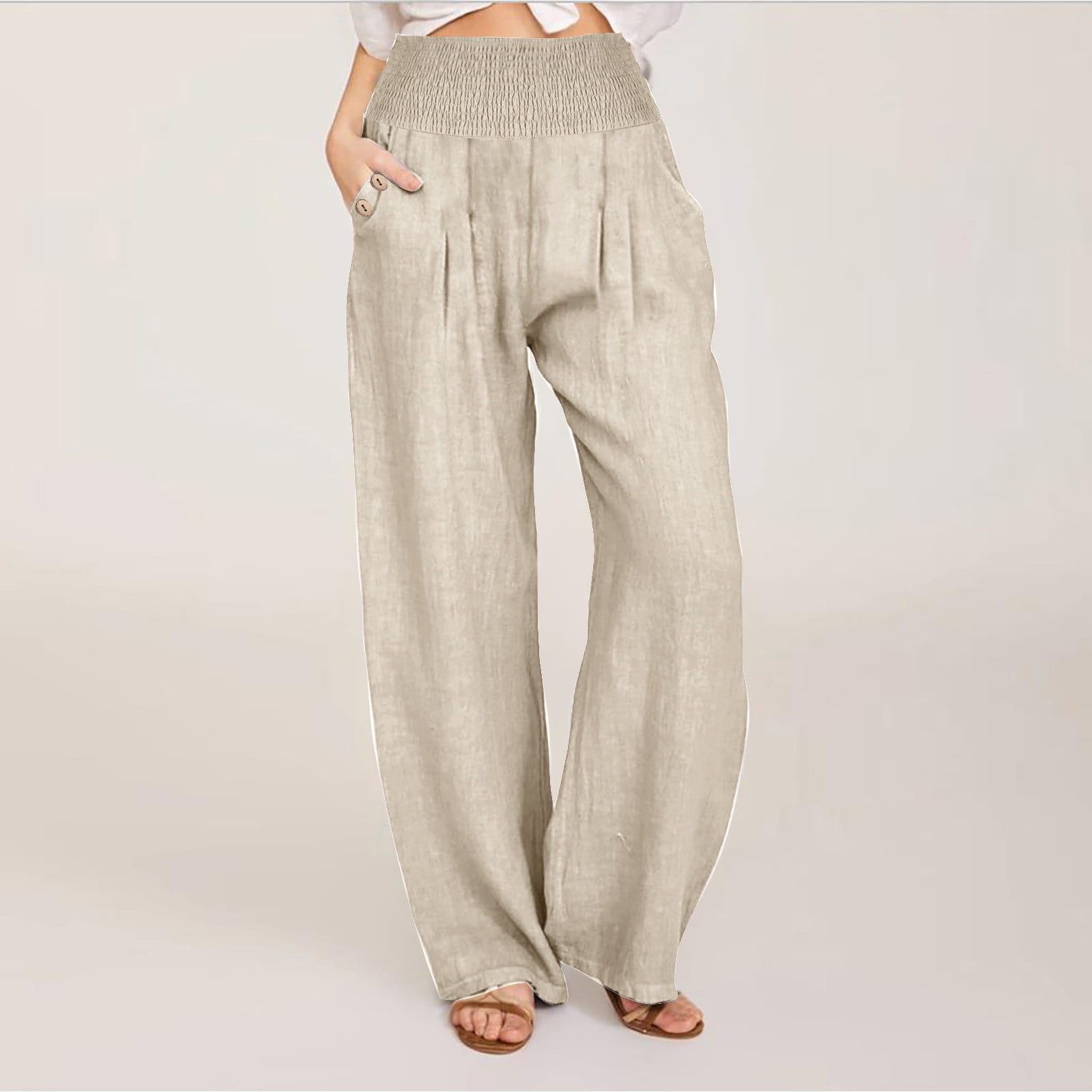 Women Summer Casual Solid Pocket Wide Leg Cotton Pants