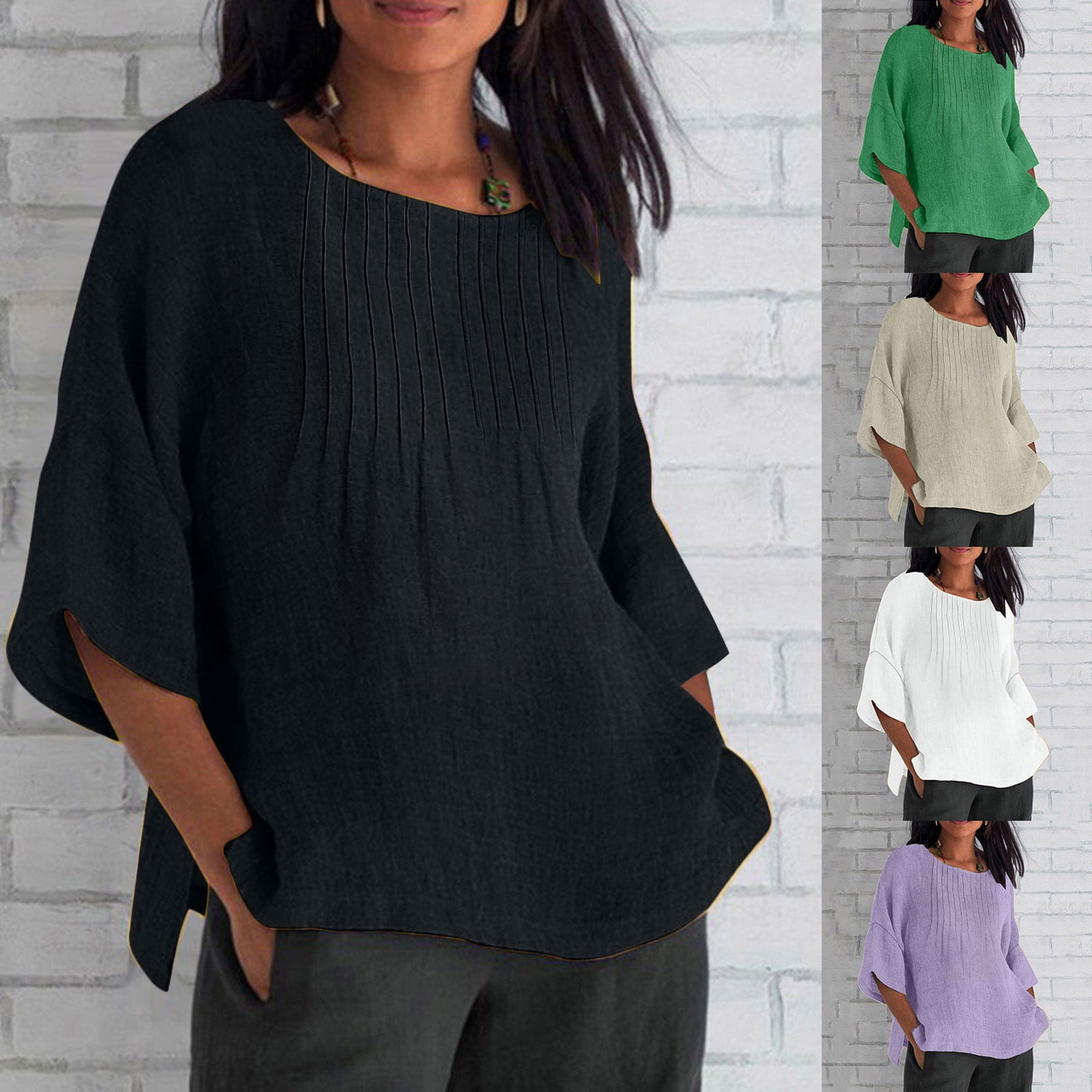 CFLVAEK Cotton Linen 3/4 Sleeve Shirts Womens Round Neck Pleated
