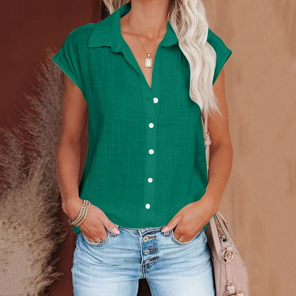 CFLVAEK Cotton Linen Blouses for Women Summer Casual Collared Tunic Shirts Solid Button Down Working Tops Dressy Cap Sleeve Henley Shirts