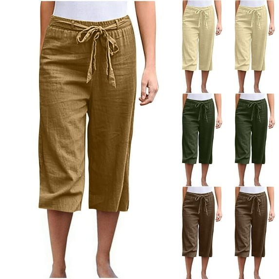 CFLVAEK Cotton Linen Capri Pants for Women Plus Size Elastic Tie Waist Capris with Pockets Casual Straight Wide Leg Cropped Pants Solid Color Lounge Pants for Beach Vacation Brown S